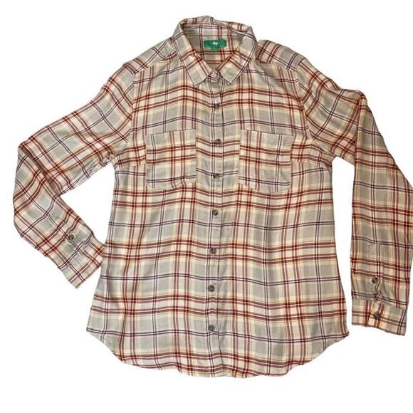Dip brand tan and brown Fall earth tone colors plaid flannel button up SZ SM - Picture 2 of 6